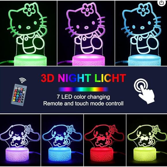 3D Illusion Cat Night Light for Kids, 2 Patterns and 16 Colors, Remote Control - Picture 3 of 6